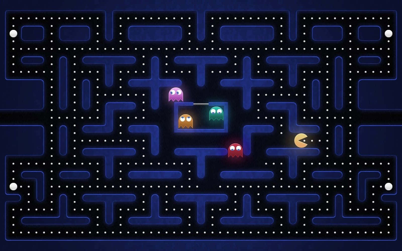 Pacman 在藍色迷宮中追逐鬼魂，帶有發光點。