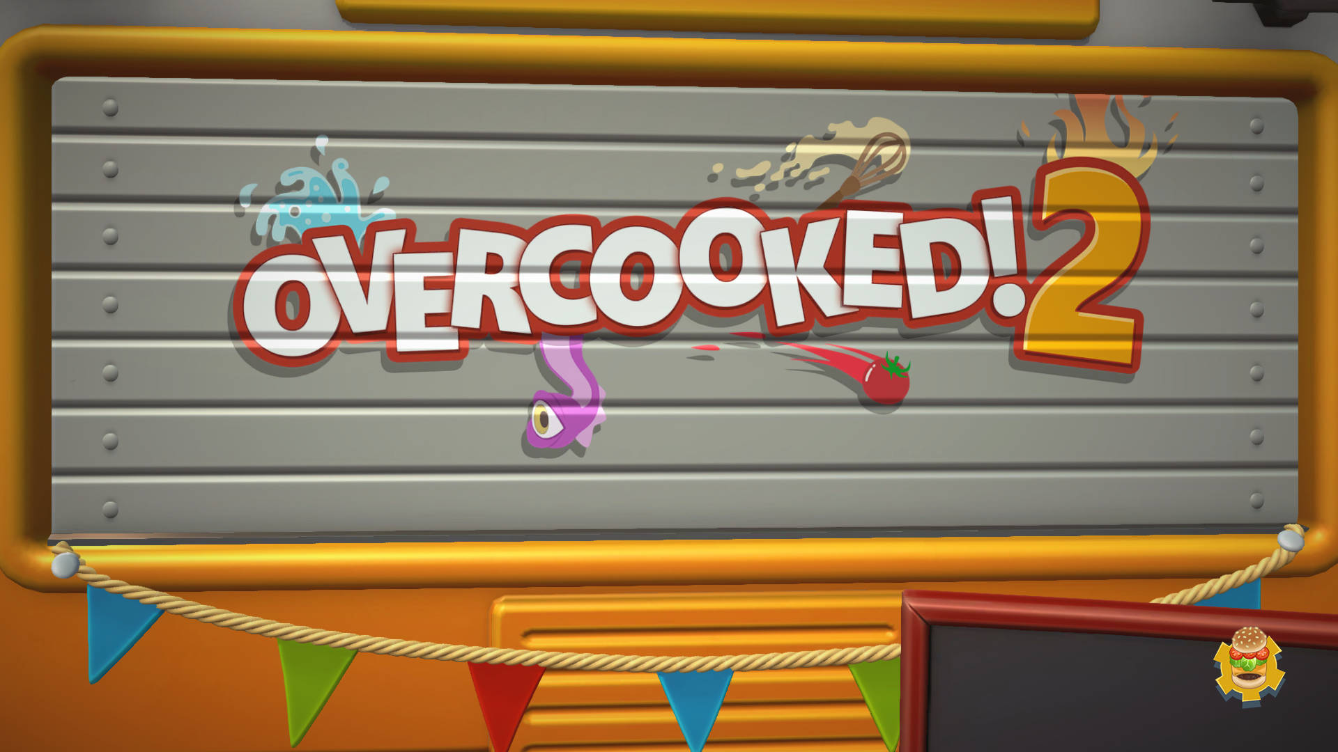 過cooked 2餐車捲簾 壁紙 — Overcooked 2 充滿活力的標題畫面顯示卡通食物在波紋金屬背景上的粗體文字周圍飛濺。