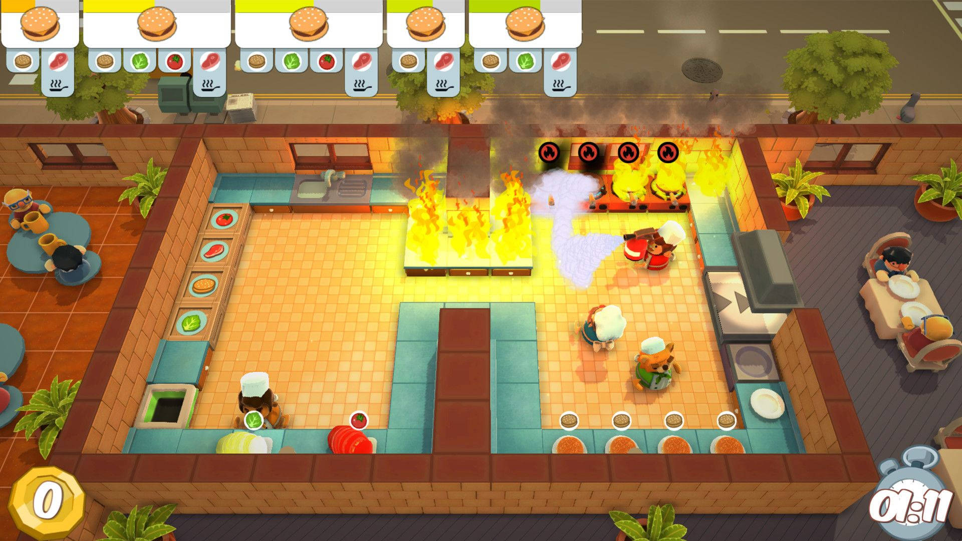 過cooked廚房起火 壁紙 — 俯瞰一個混亂的漢堡廚房，火焰從烤架中噴出，卡通廚師們爭先恐後地為顧客服務。