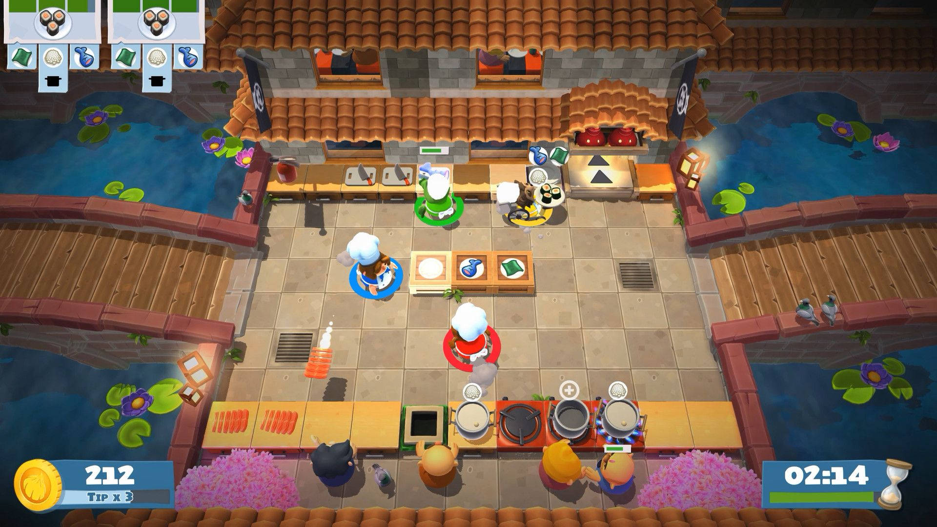 過cooked水上橋樑 壁紙 — 從上方俯瞰卡通廚師在充滿活力的瓷磚廚房裡競相烹飪，周圍環繞著睡蓮池塘。