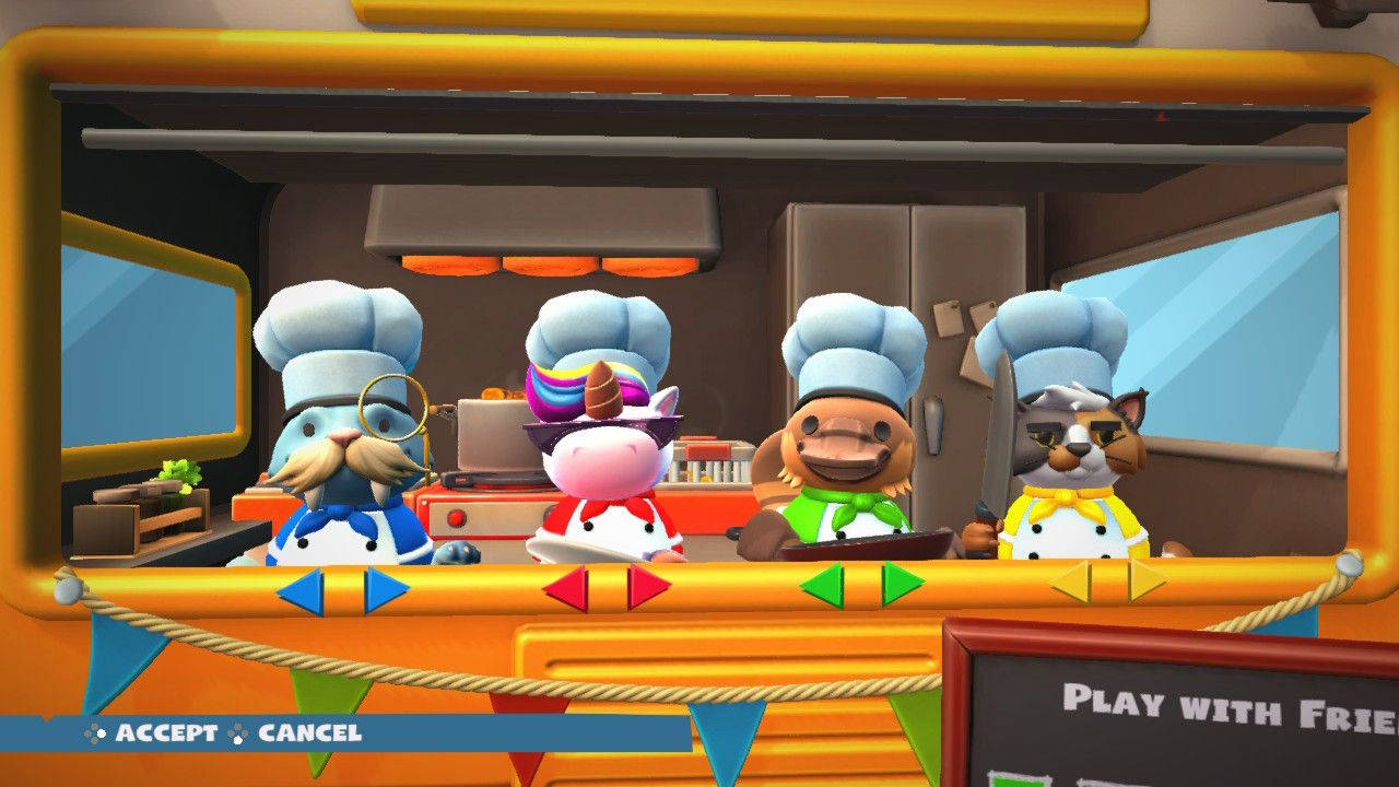 過cooked角色選擇 壁紙 — 四個卡通動物廚師在充滿活力的廚房裡，戴著色彩繽紛的帽子和烹飪工具。
