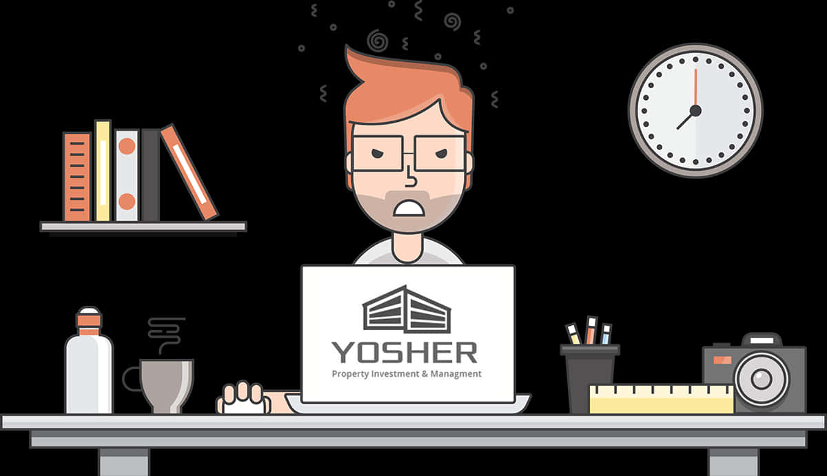 過勞上班族辦公桌 壁紙 — 一個戴眼鏡的壓力大卡通男人盯著顯示「YOSHER Property Investment & Management」的筆記本電腦，周圍是辦公室雜亂和顯示深夜的時鐘。