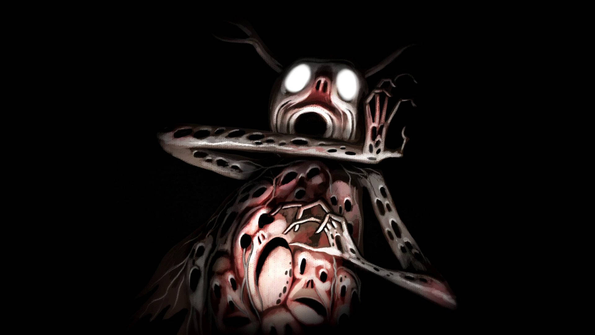 一個可怕的恐怖生物，有著發光的眼睛和尖叫的嘴巴，背景為黑色。