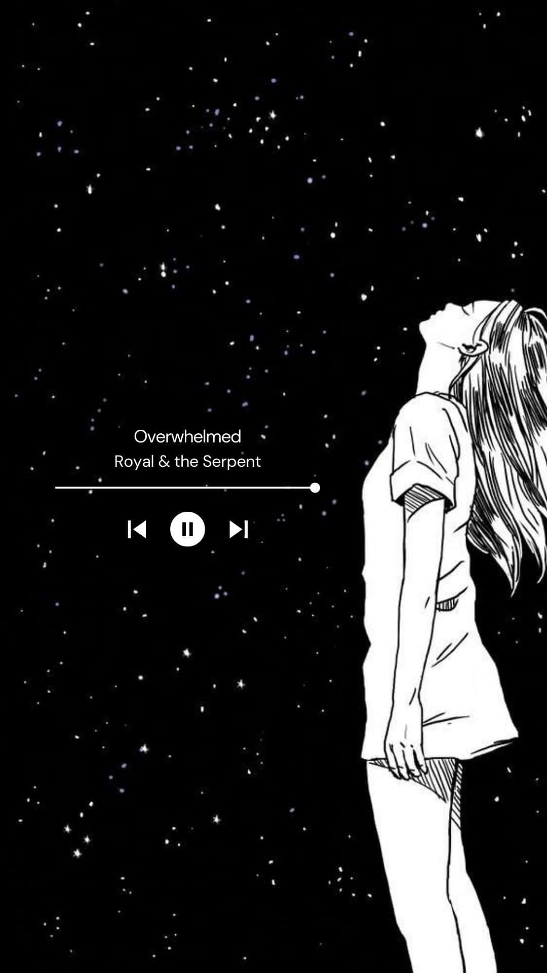 女孩仰望星星，音樂播放器顯示歌曲Overwhelmed