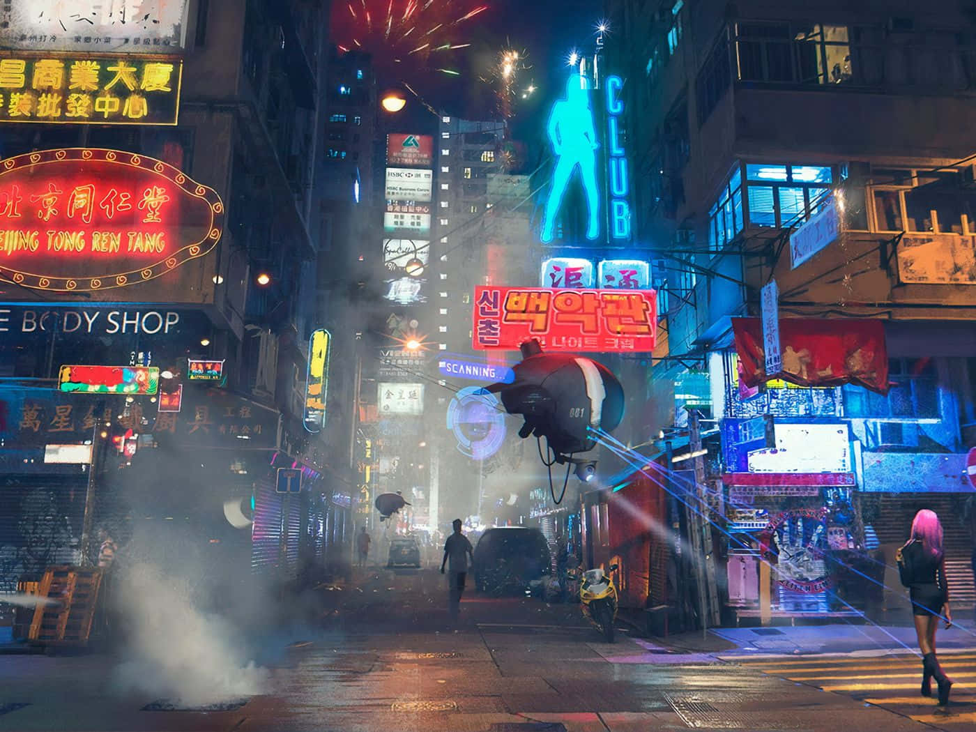 過橋過山車的雙重視角 壁紙 — 夜晚霓虹燈照亮的城市小巷，有飛行的機械人和粉紅色頭髮的女子，周圍是發光的招牌和煙霧。