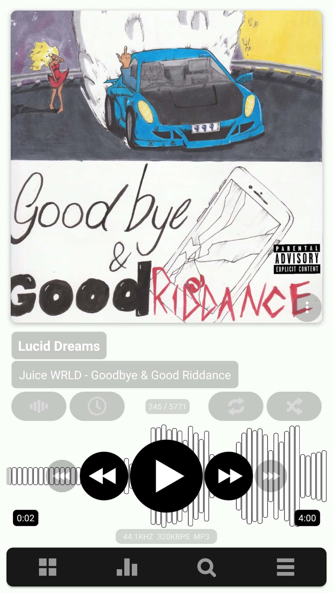 Juice WRLD 專輯《Goodbye & Good Riddance》的封面藝術， featuring 一輛藍色汽車和一位女子。