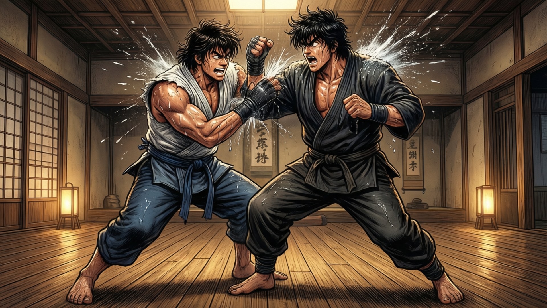 兩名動漫風格的武術家在傳統木製道場中打鬥，水花四濺。