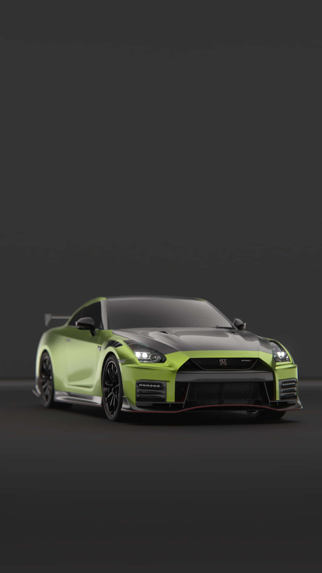 青檸綠色和黑色的日產GT-R跑車，在黑暗工作室環境中配備發光頭燈