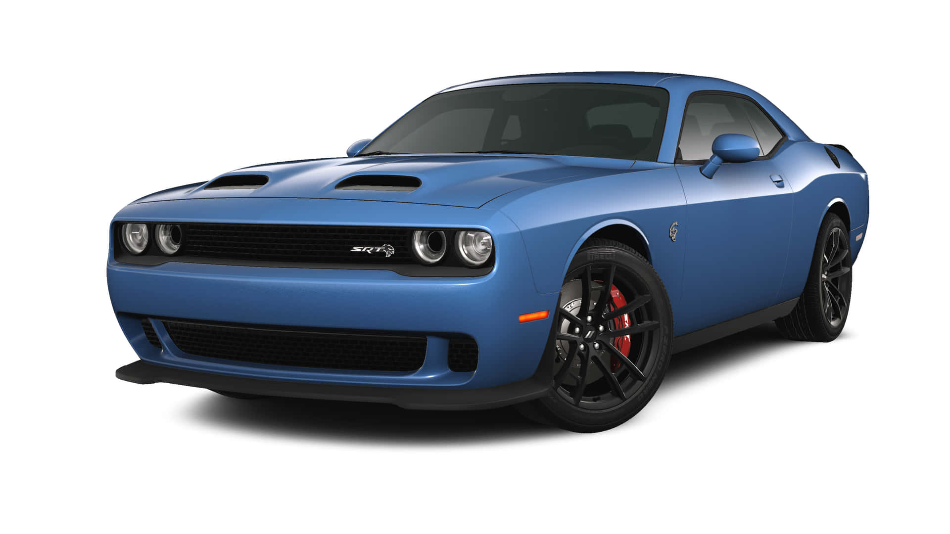 藍色Dodge Challenger SRT，配備黑色輪圈和紅色制動卡鉗，在白色背景上。