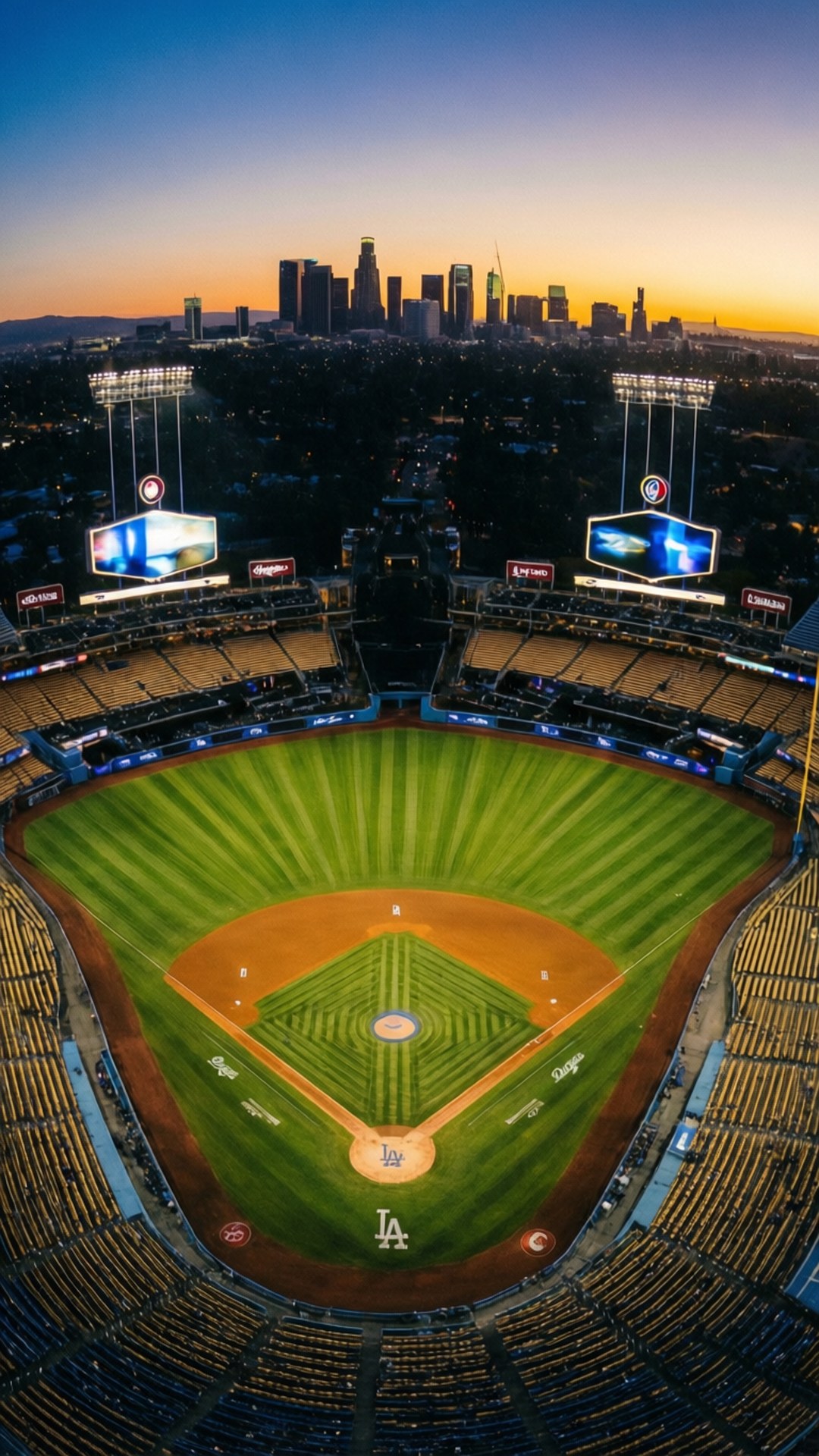 黃昏時分的道奇體育場，空座位和發光的屏幕映襯著洛杉磯天際線。