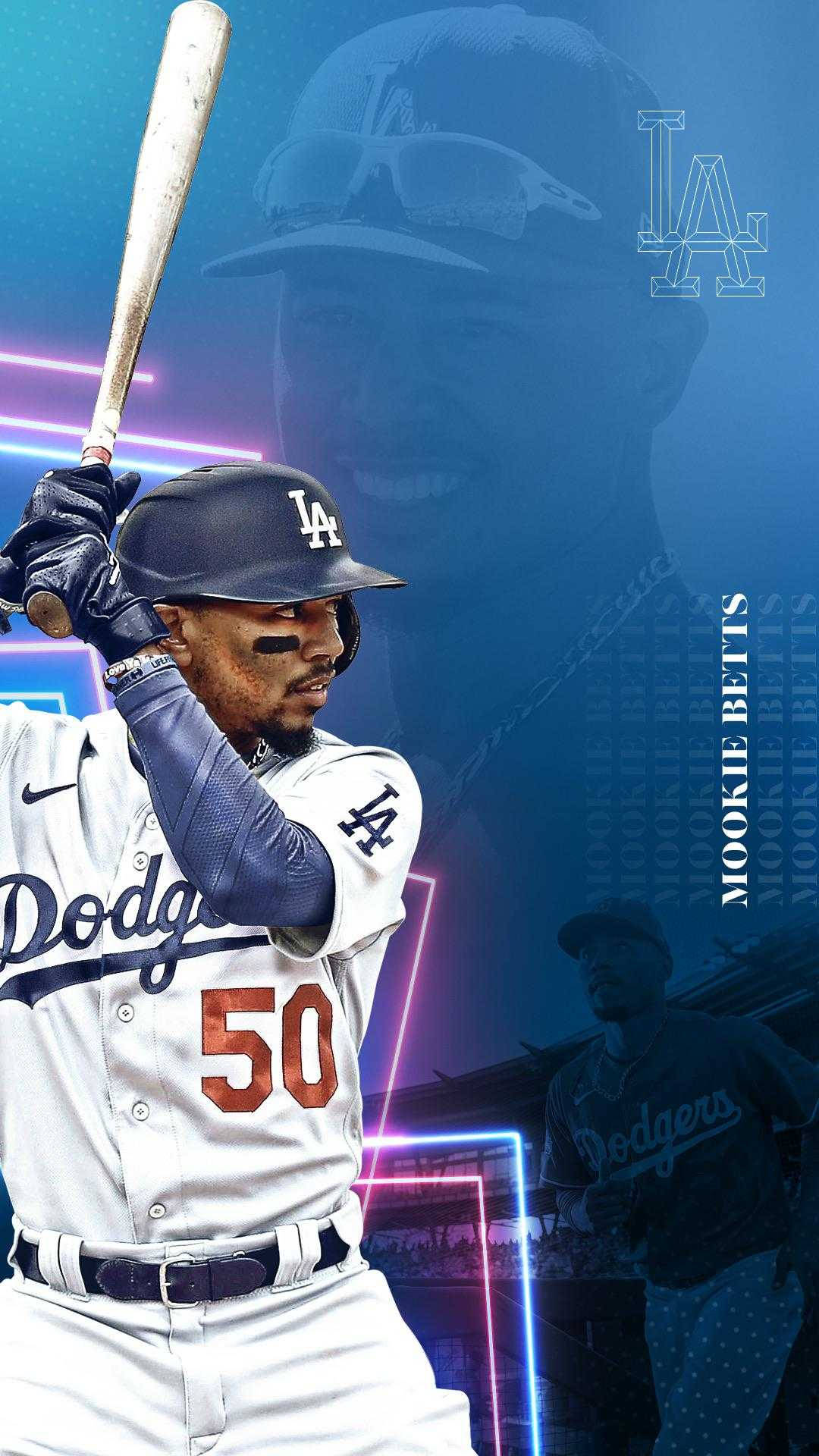 道奇隊穆基·貝茨拼貼畫 壁紙 — 身穿道奇隊球衣的棒球手 Mookie Betts 準備在充滿活力的霓虹藍色背景和發光線條中揮棒。