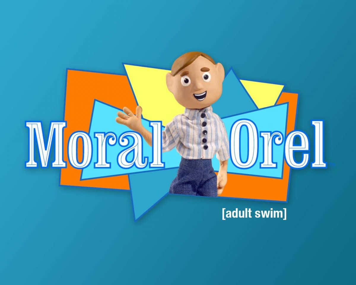 道德奧雷爾 在 Adult Swim 壁紙 — 一個開心的卡通男孩在鮮豔多彩的幾何形狀和標題 Moral Orel 旁邊揮手，背景為純藍色。