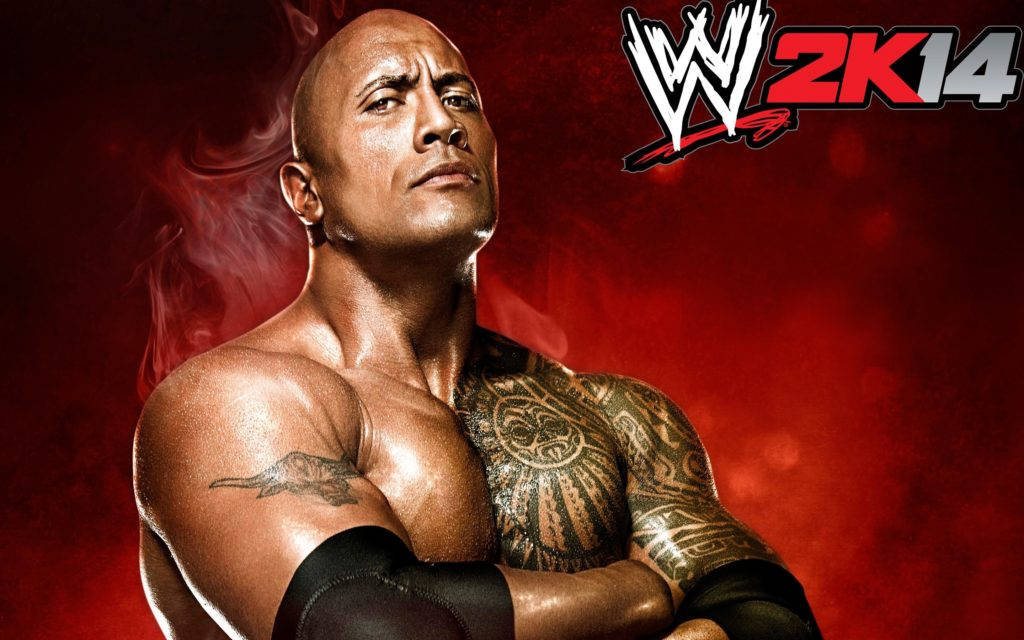 道恩·強森 WWE 2K14 壁紙 — 狄維·莊遜在WWE 2K14宣傳藝術中，雙臂交叉，在煙霧彌漫的紅色背景前凝視。