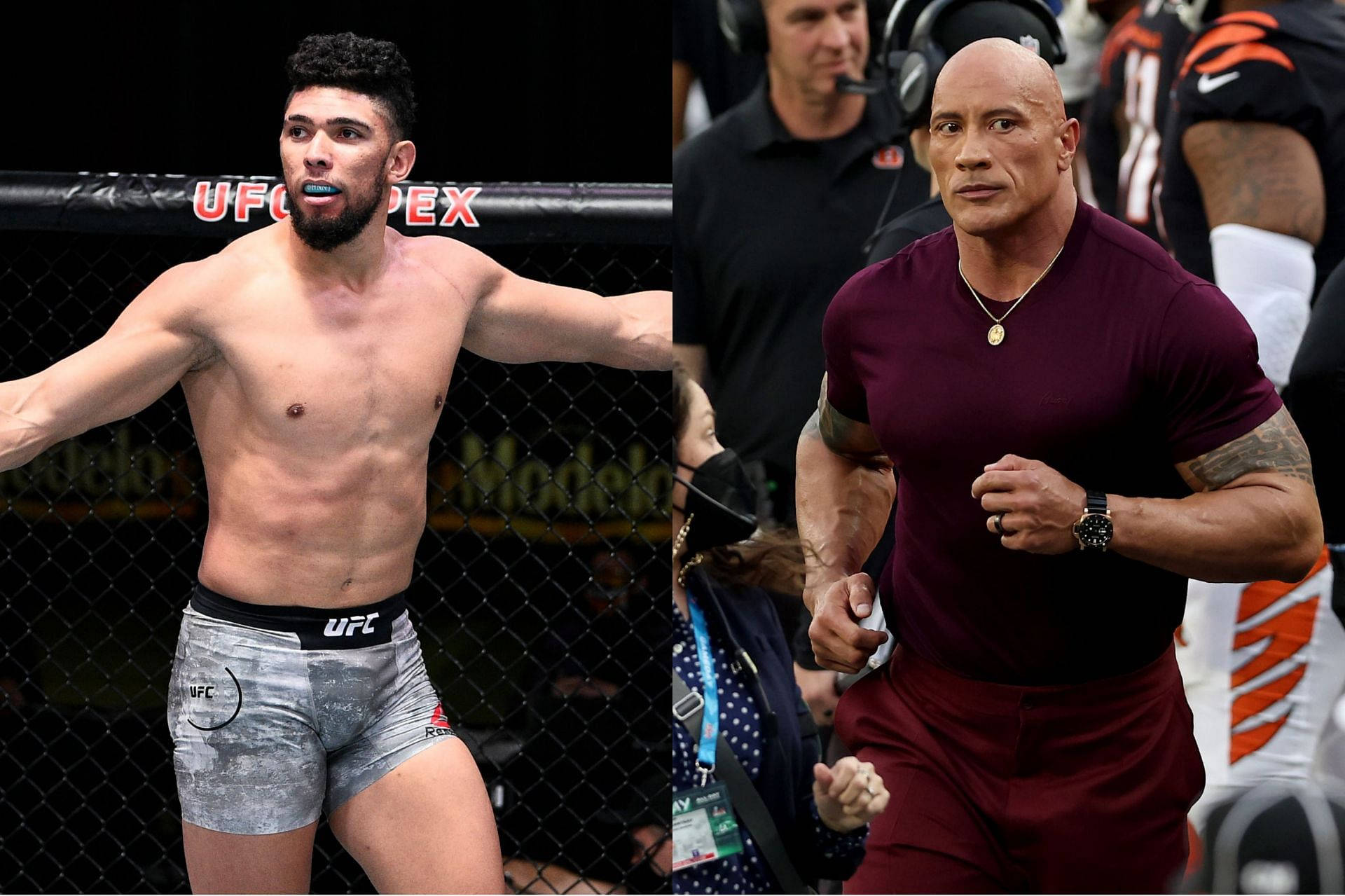 兩名男性拳手穿著UFC裝備在八角籠和體育場中擺姿勢。