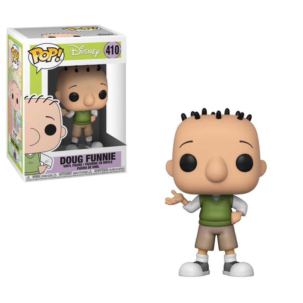 道格·富尼動畫人偶 壁紙 — Doug Funnie 的 Funko Pop! 乙烯基公仔，身穿綠色背心和棕色短褲，站在其原裝迪士尼包裝旁。