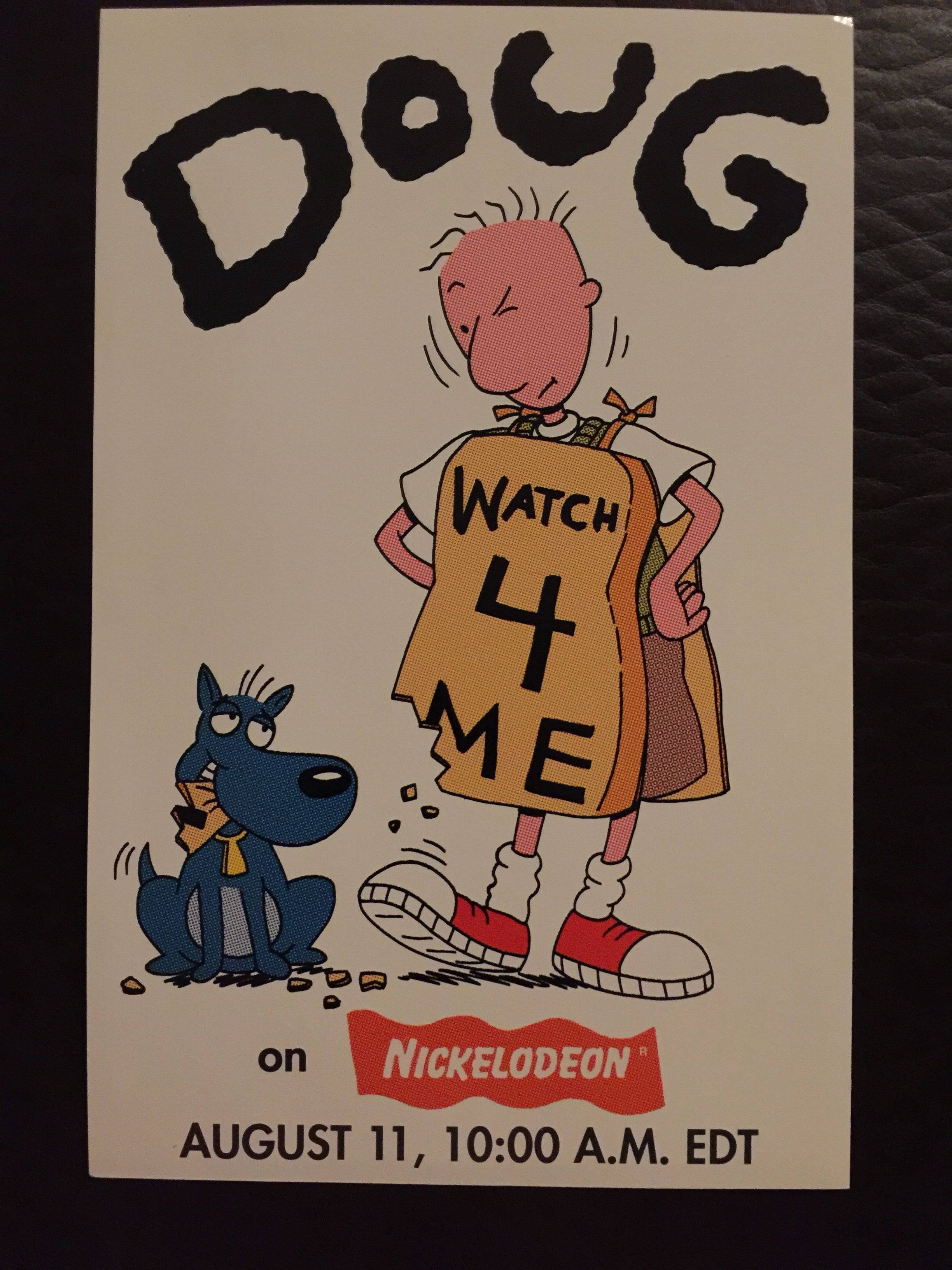 道格尼克羅迪恩海報 壁紙 — 卡通角色 Doug 與他的狗舉著「Watch 4 Me」標語，宣傳 Nickelodeon 節目。