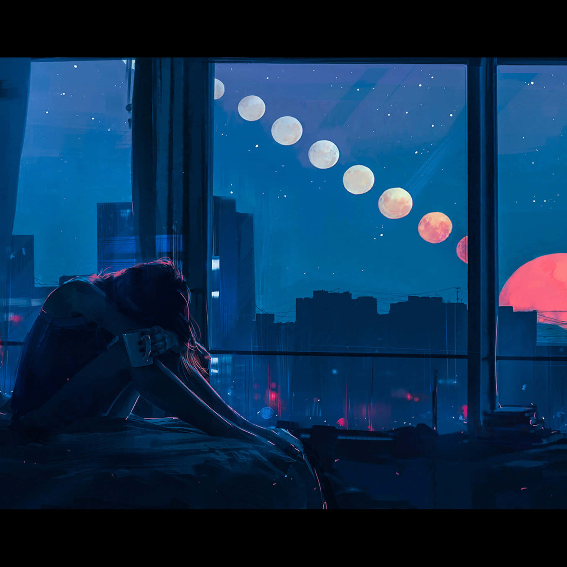 人坐在床上望向窗外有月亮和紅色太陽的夜空。