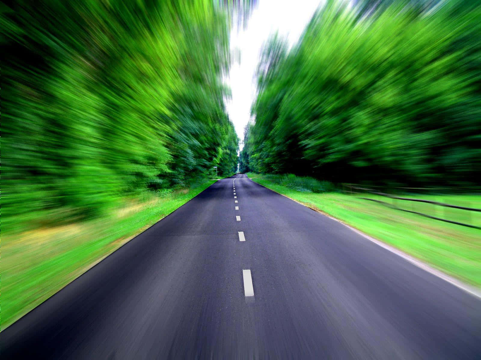 一條快速移動的道路穿過綠色森林，在白天。