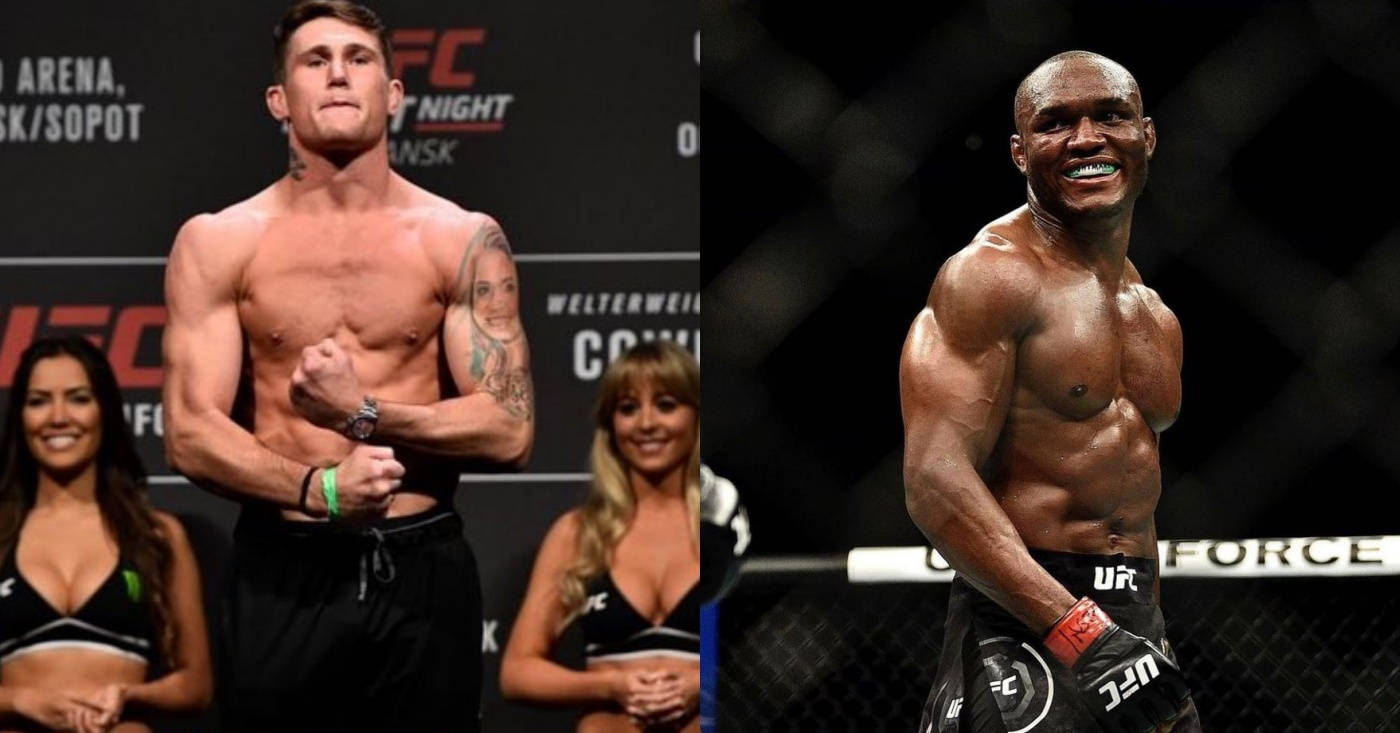 達倫·提爾對戰卡馬魯·烏斯曼 壁紙 — 兩位肌肉發達的UFC拳手在稱重和八角籠中自信擺姿勢，身後有微笑的擂台女郎。