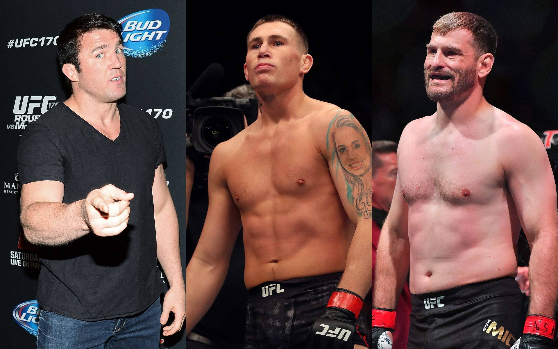 達倫·蒂爾與MMA選手體型對比 壁紙 — 三名男子在UFC賽事中，一人指向赤裸上身、有紋身和手套的拳手。