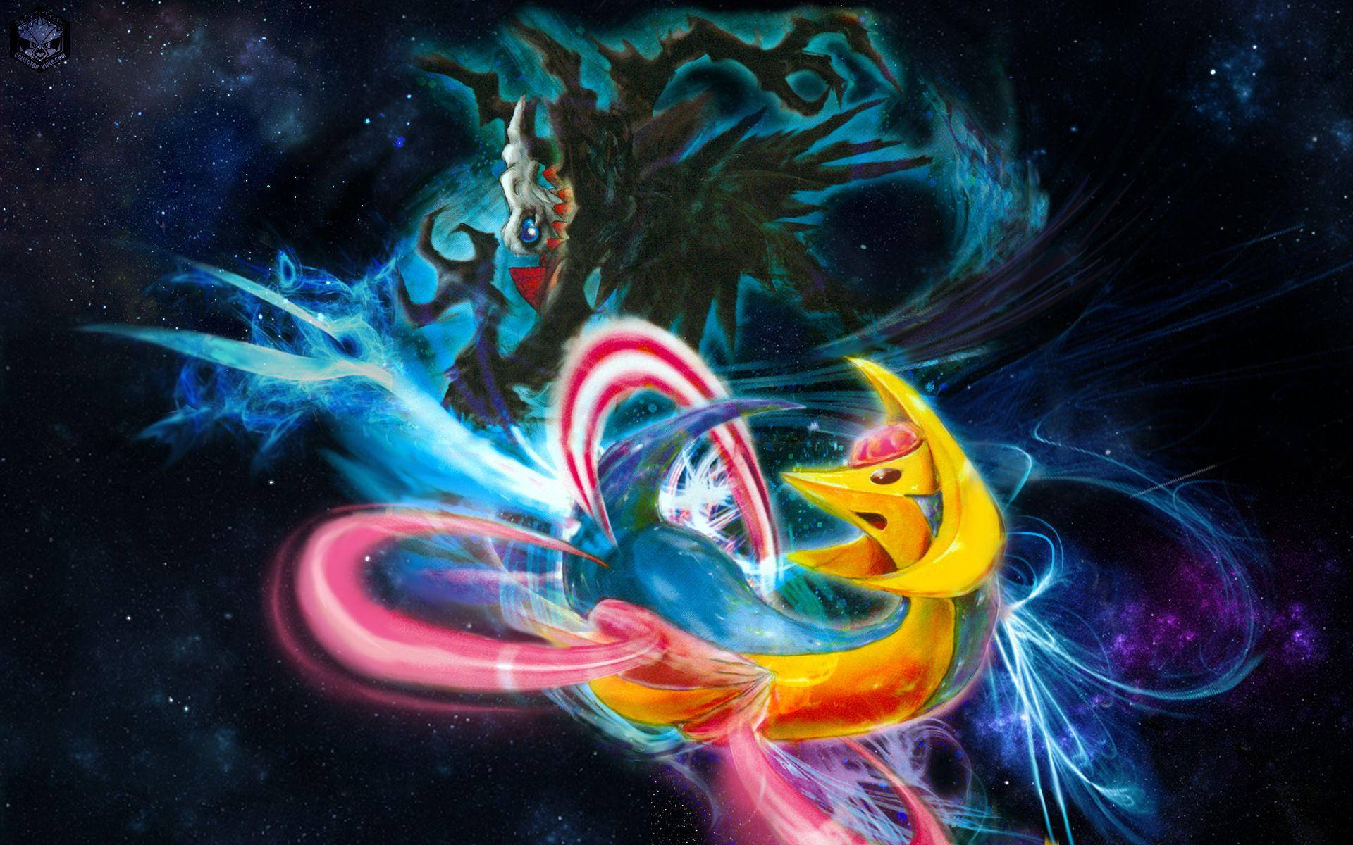 一條黃色巨龍和一棵黑暗之樹在多彩的宇宙星雲中戰鬥。