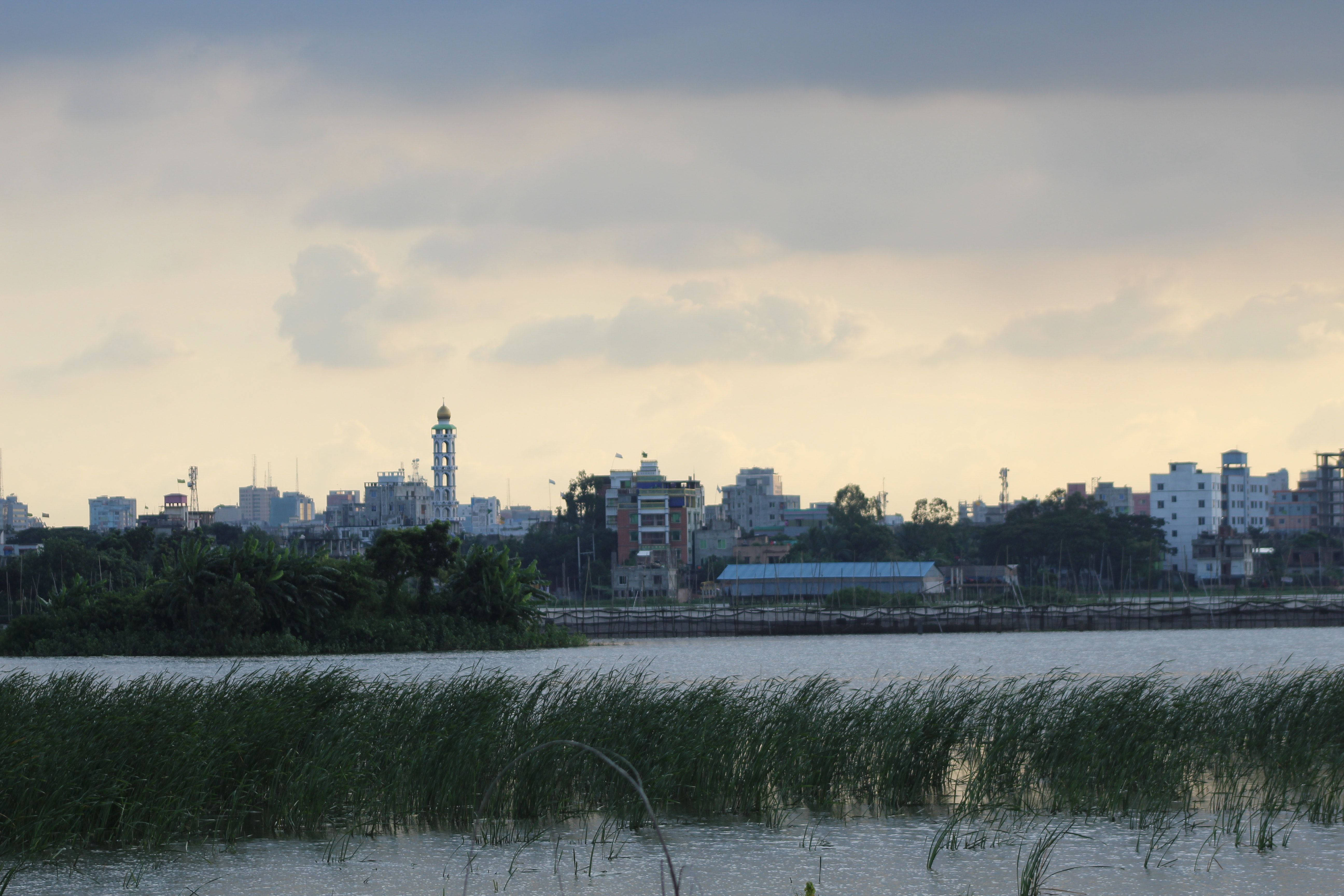 達卡孟加拉寧靜之地 壁紙 — 黃昏時分寧靜的城市海濱，前景有高高的蘆葦，城市天際線在柔和的多雲天空下。