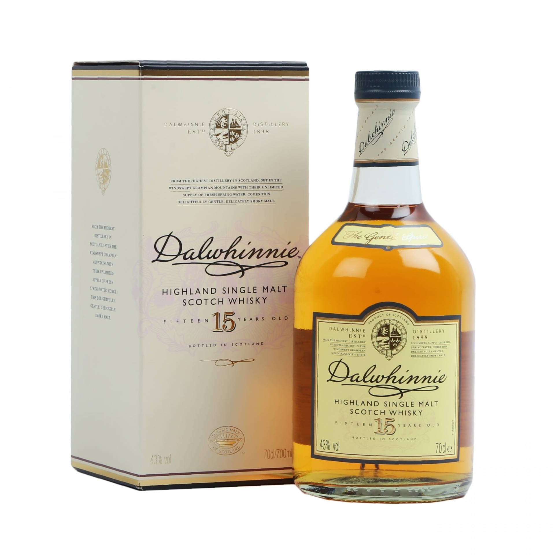 Dalwhinnie 15年威士忌酒瓶和盒子在白色背景上