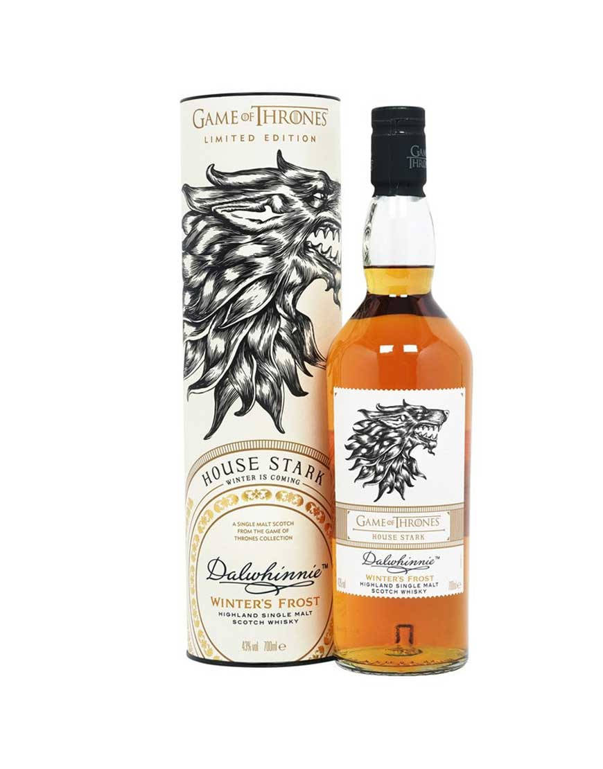 Dalwhinnie威士忌酒瓶和管，帶有《權力遊戲》史塔克家族的冰原狼標誌。