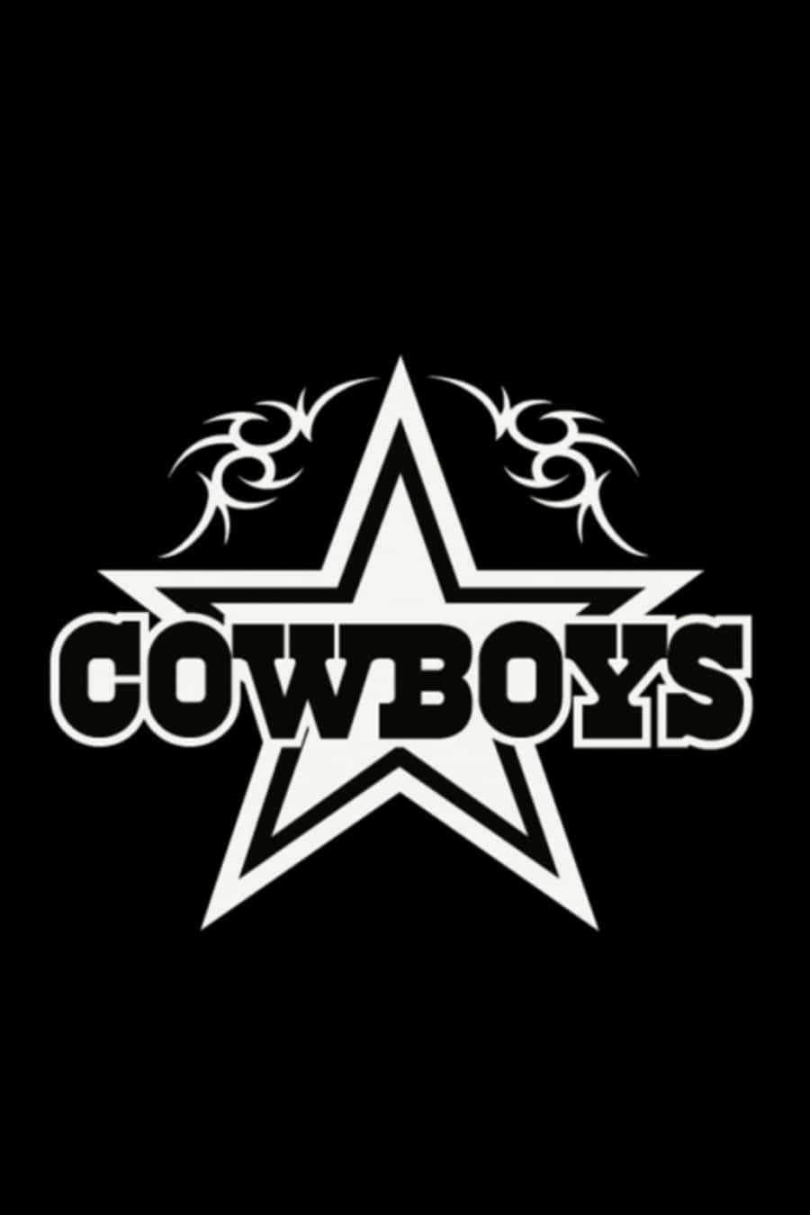 黑色背景上帶有部落設計的白色星星標誌和「Cowboys」字樣。