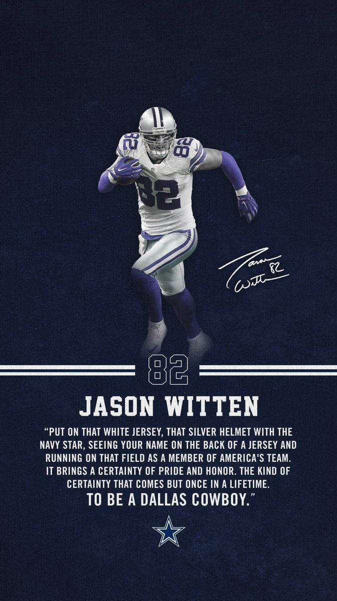 達拉斯牛仔隊美式足球員Jason Witten以動作姿勢呈現，附有球隊名言和簽名。