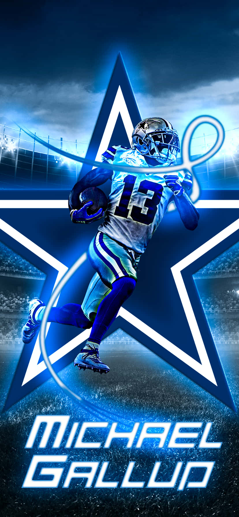 足球運動員 Michael Gallup 在球場燈光下，以發光的星星背景為襯托，進行比賽。