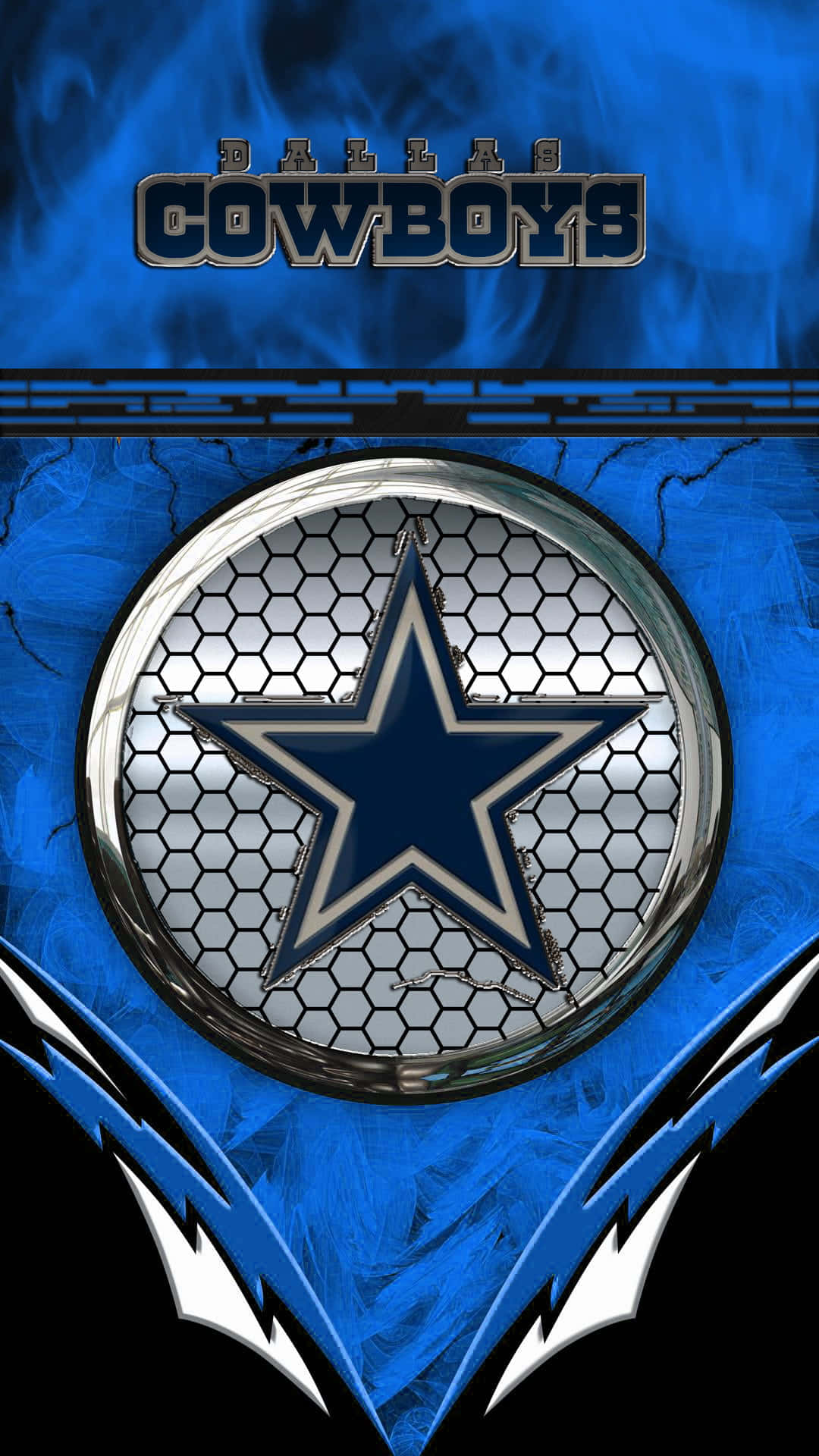 牛仔 桌布 壁紙 — 達拉斯牛仔隊標誌居中於金屬六邊形框架內，背景為電光藍煙霧和黑色，帶有白色閃電。