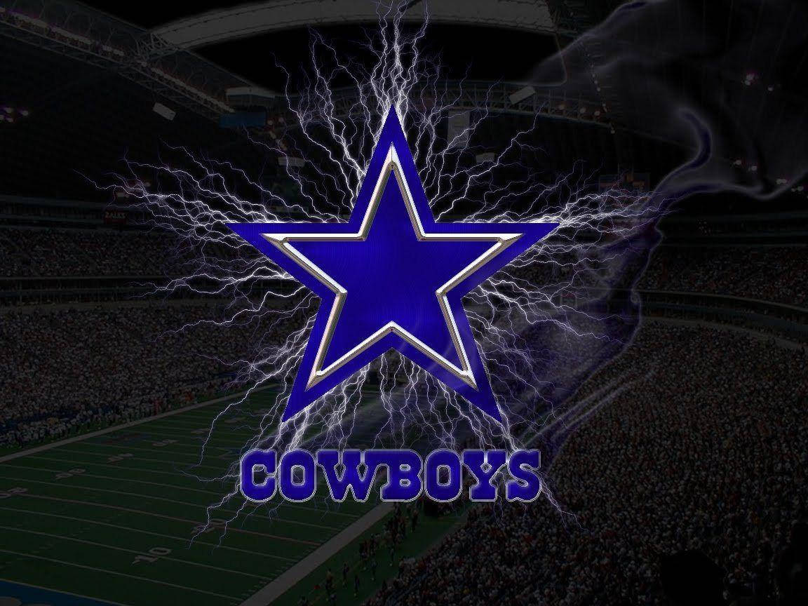 達拉斯牛仔隊閃電標誌 NFL 球隊標誌 壁紙 — 一顆發光的藍色星星伴隨著閃電，在夜晚的擁擠足球場上空閃耀。