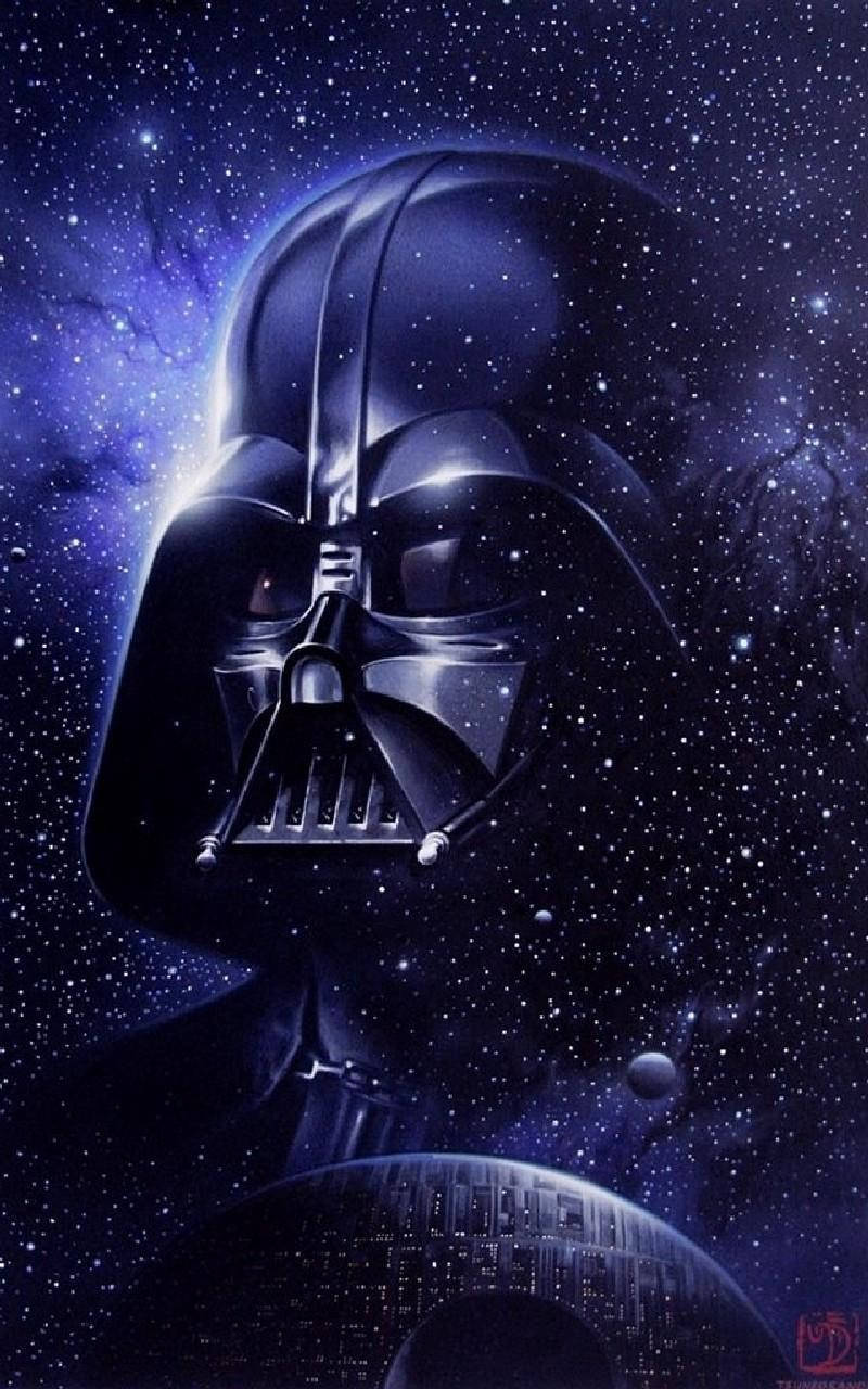 黑武士頭盔在星空太空場景中，下方有死星