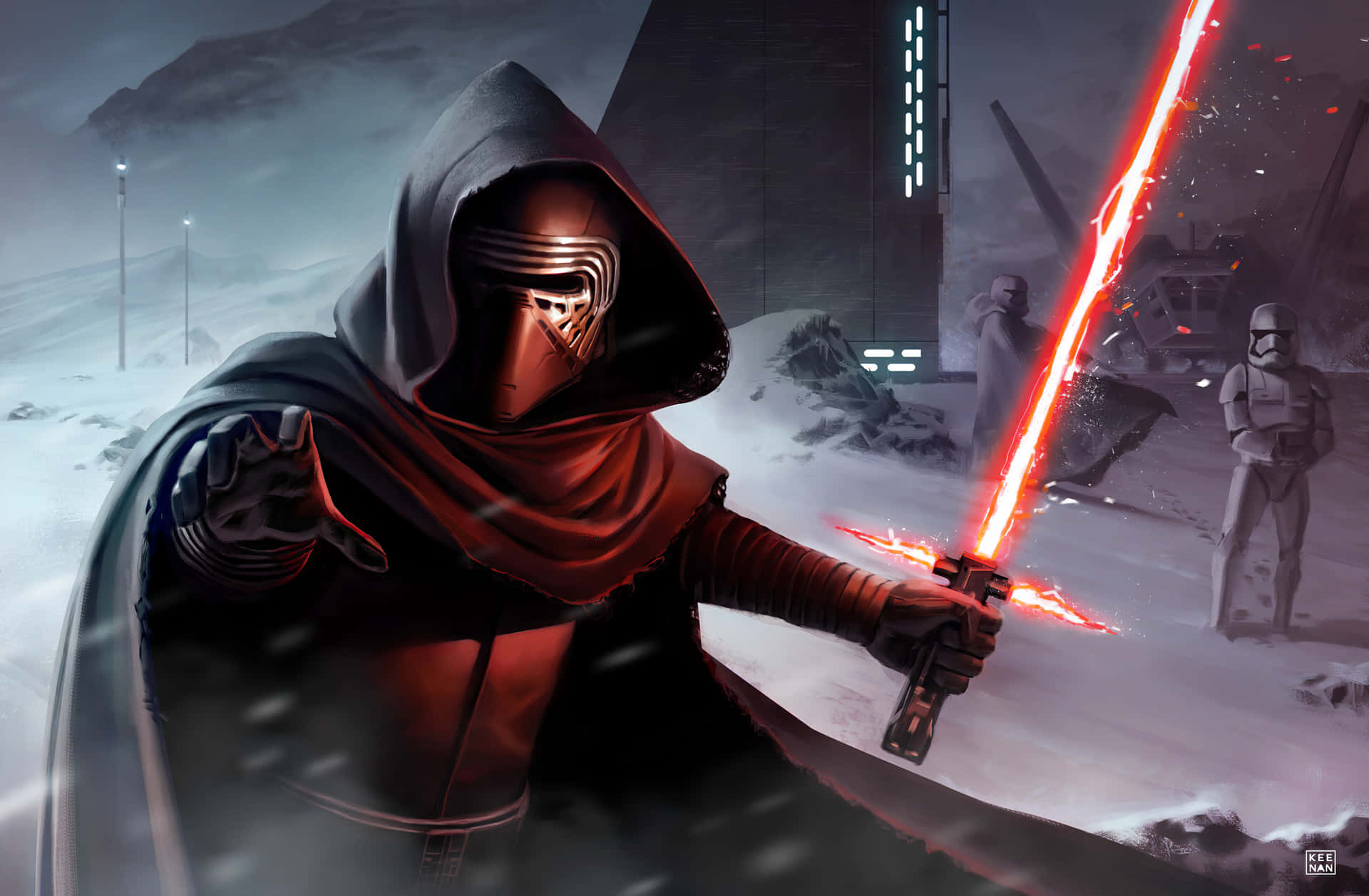 Kylo Ren在雪地戰場上用紅色光劍戰鬥。