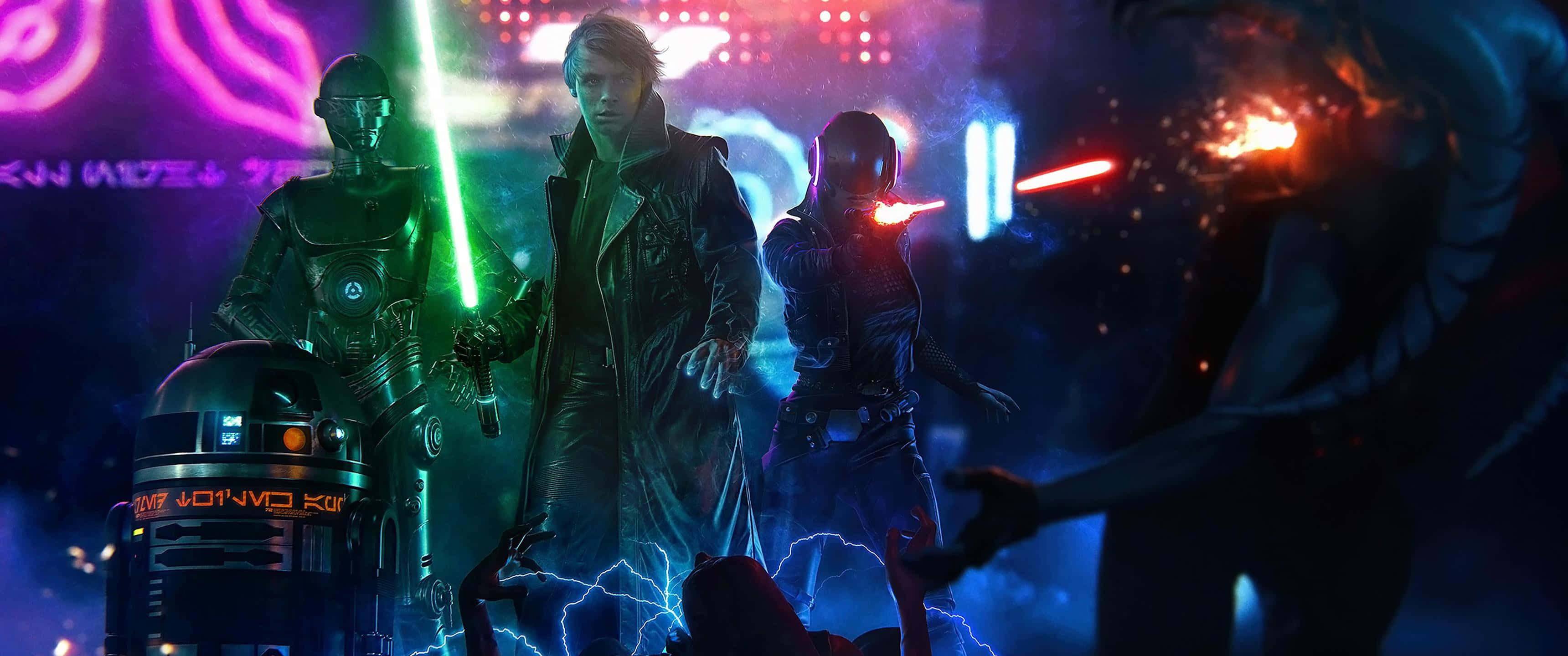 達斯·維德眼神堅定而充滿決心 壁紙 — Cyberpunk 英雄手持發光光劍在霓虹燈閃爍的未來主義小巷中夜戰。