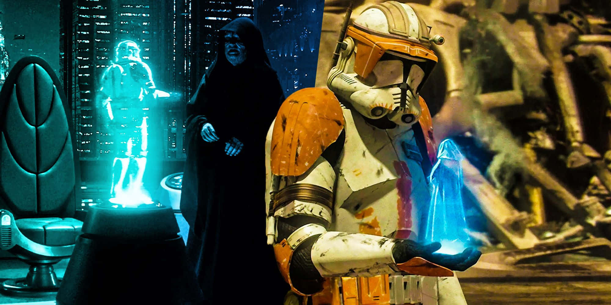 The Order 66 桌布 壁紙 — 達斯·西迪厄斯看著一個風暴兵的立體投影，同時一名在戰鬥中受損的複製人兵在廢墟指揮中心拿著一顆發光的藍色水晶。