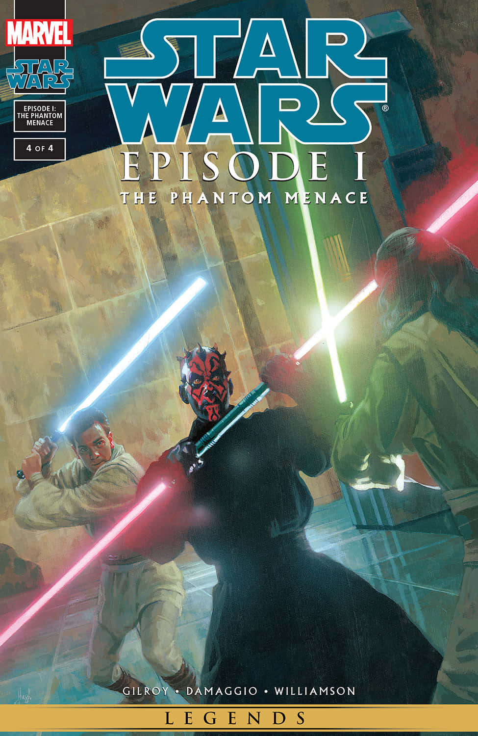 The Phantom Menace 桌布 壁紙 — 達斯摩爾在石頭走廊中與兩名絕地武士進行戲劇性的光劍戰鬥。