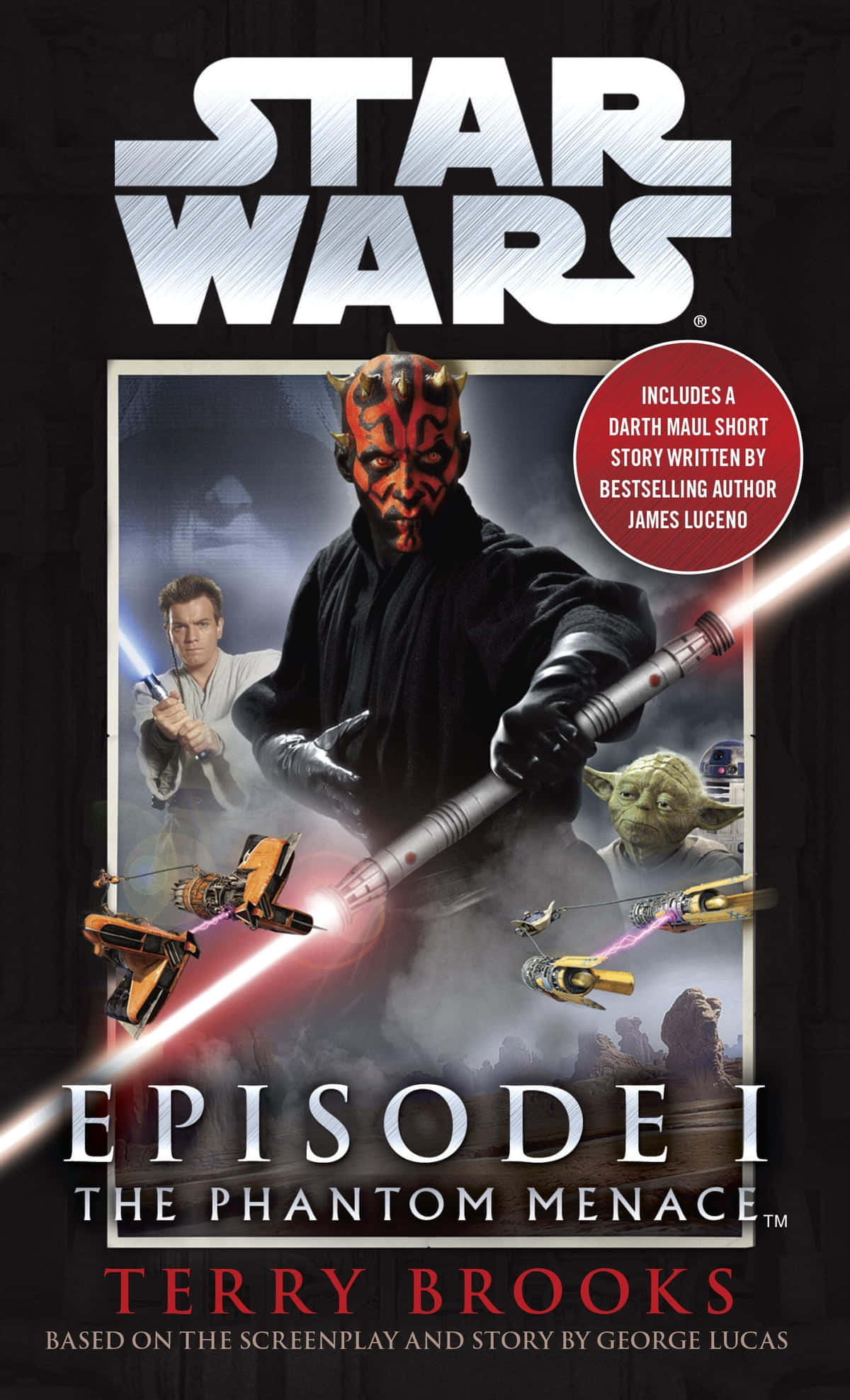 The Phantom Menace 桌布 壁紙 — 達斯摩爾在與歐比王、尤達和星際戰機的戲劇性戰鬥場景中揮舞紅色光劍，出自《星際大戰首部曲》。