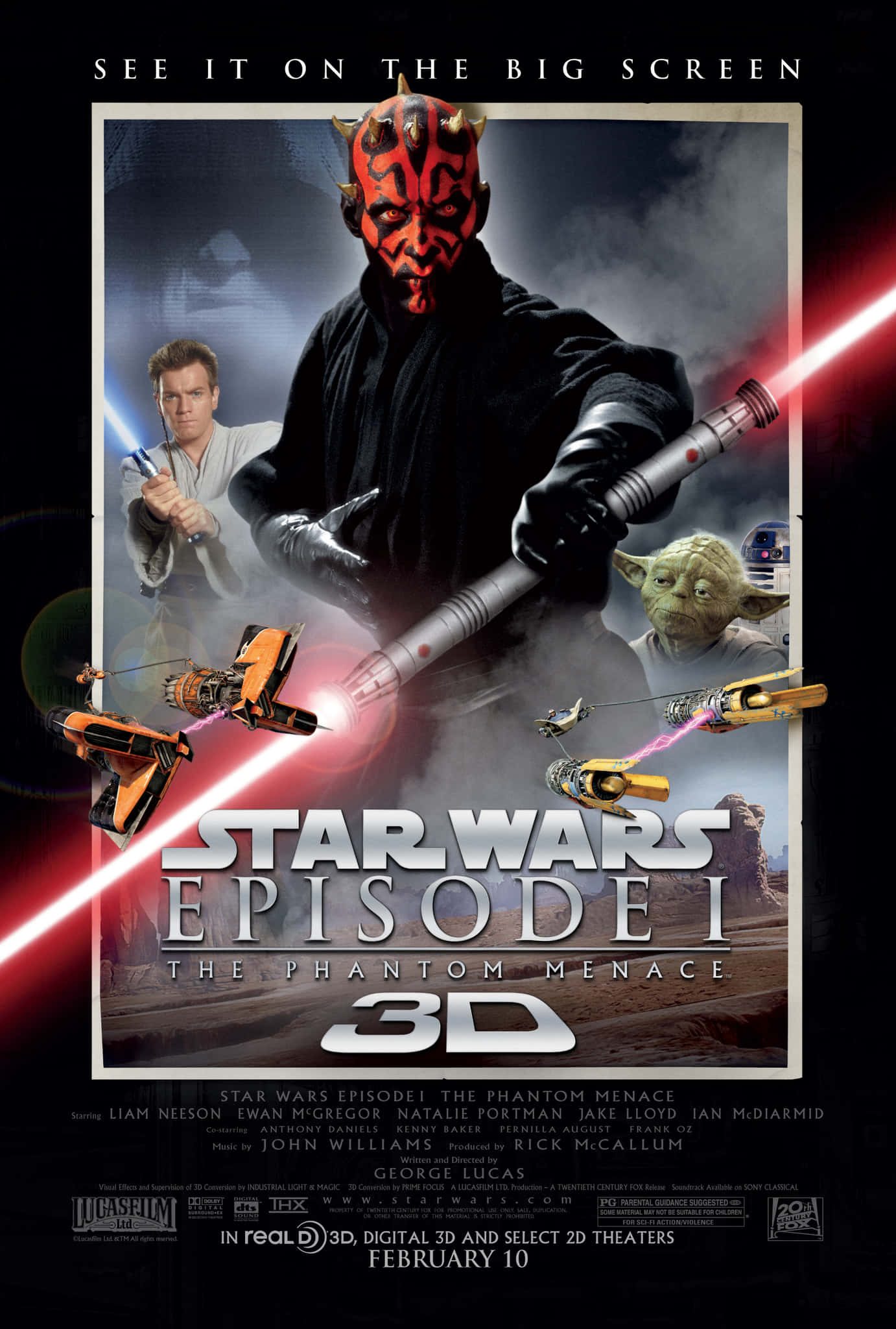 The Phantom Menace 桌布 壁紙 — 達斯摩爾揮舞紅色光劍，歐比王和尤達在戲劇性的星際大戰電影海報中準備就緒。
