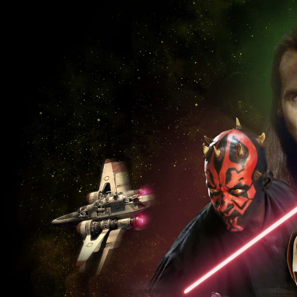 Qui-gon Jinn 桌布 壁紙 — 達斯摩爾揮舞紅色光劍，背景是星空，附近有一架星際戰鬥機飛過。