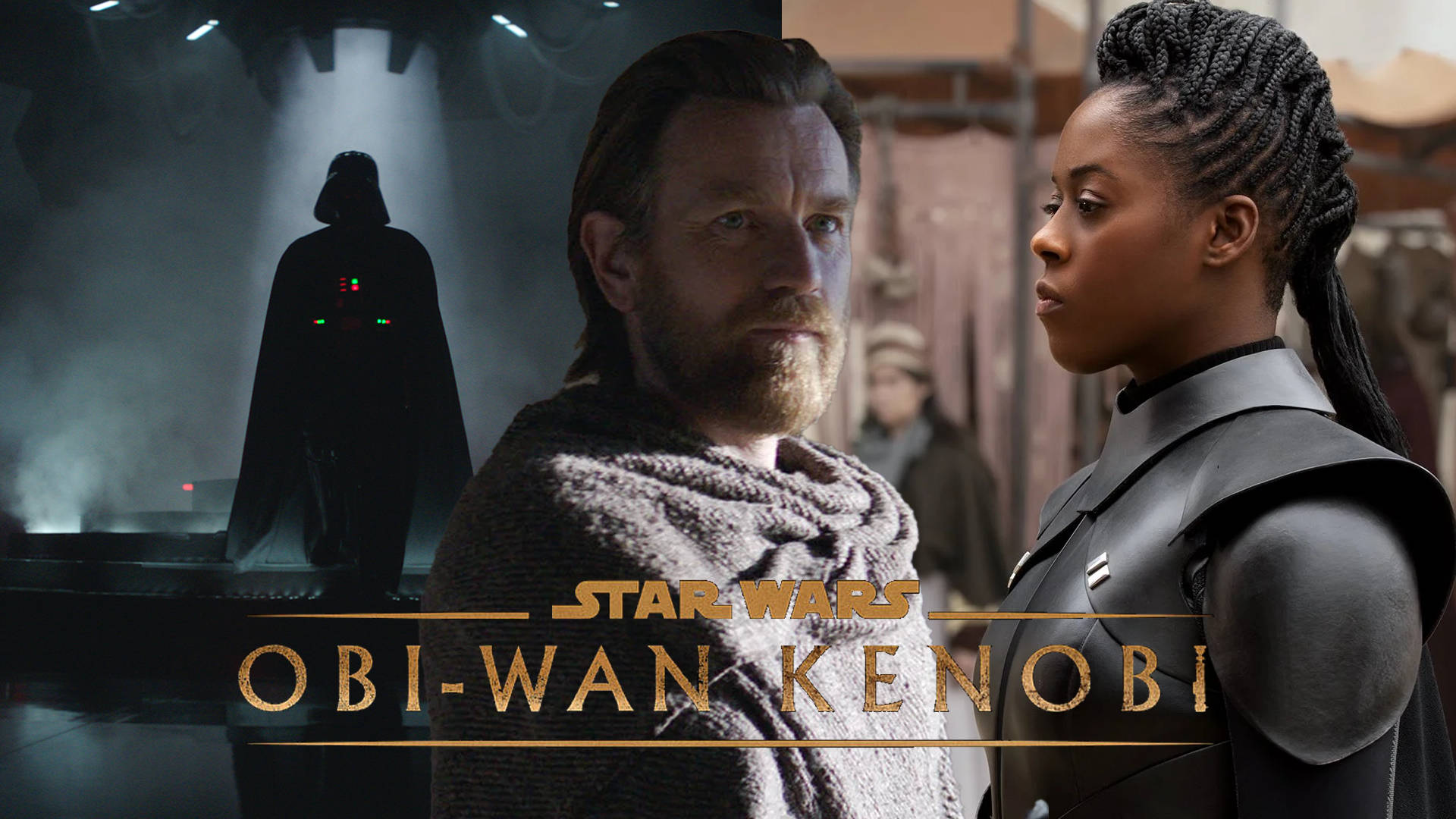 Obi-Wan Kenobi 和 Ahsoka Tano 與背景中的 Darth Vader 對峙。