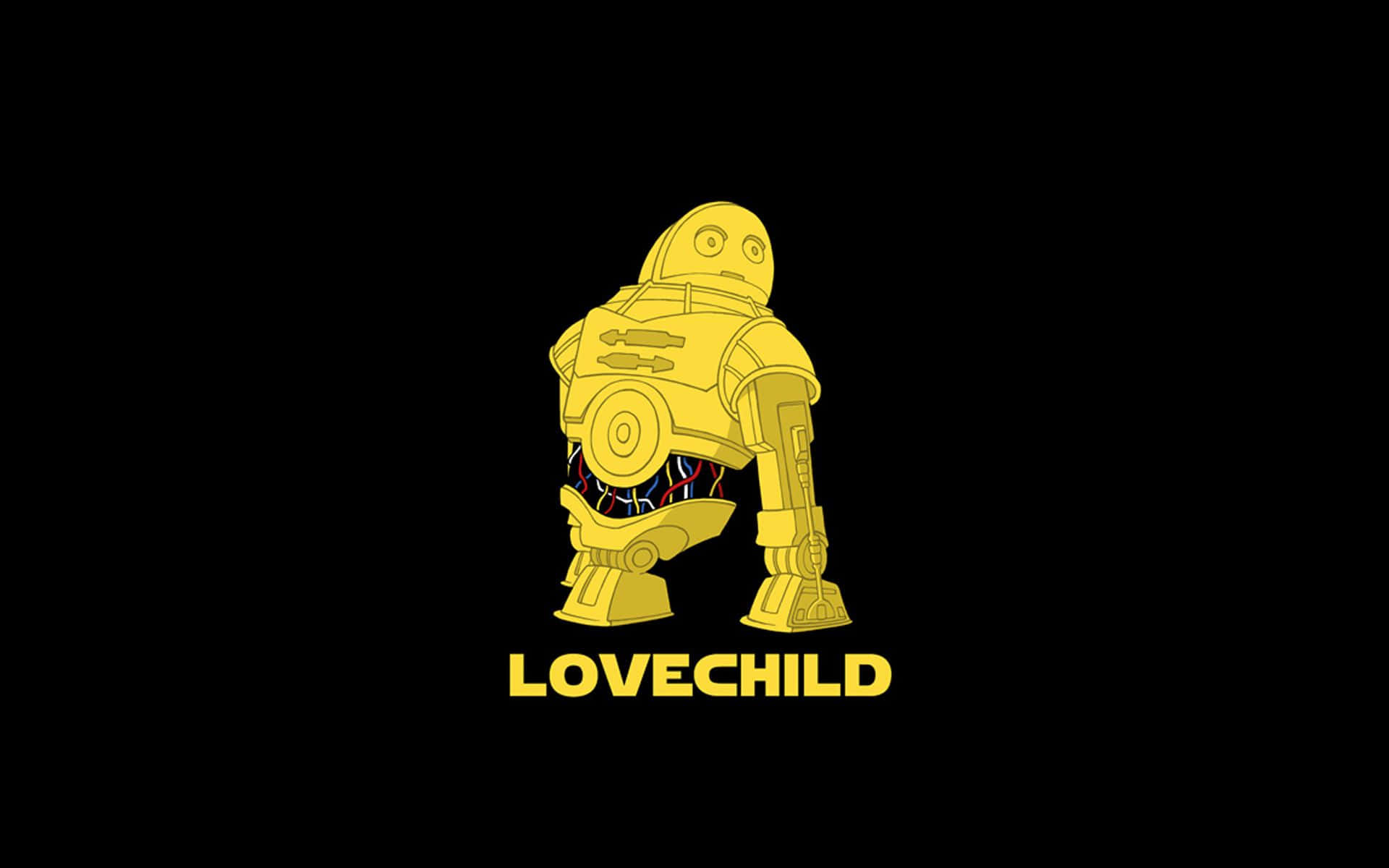 黃色機械人，電線外露，黑色背景上有文字LOVECHILD