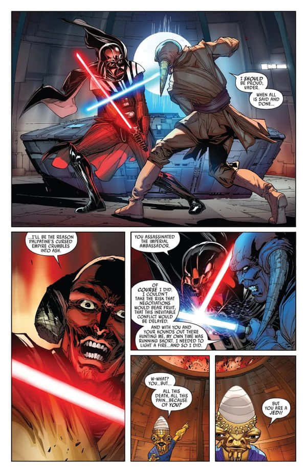 The Great Jedi Purge 桌布 壁紙 — 達斯維達和一名絕地武士在昏暗的工業環境中用紅色和藍色光劍決鬥，並帶有漫畫對話氣泡。