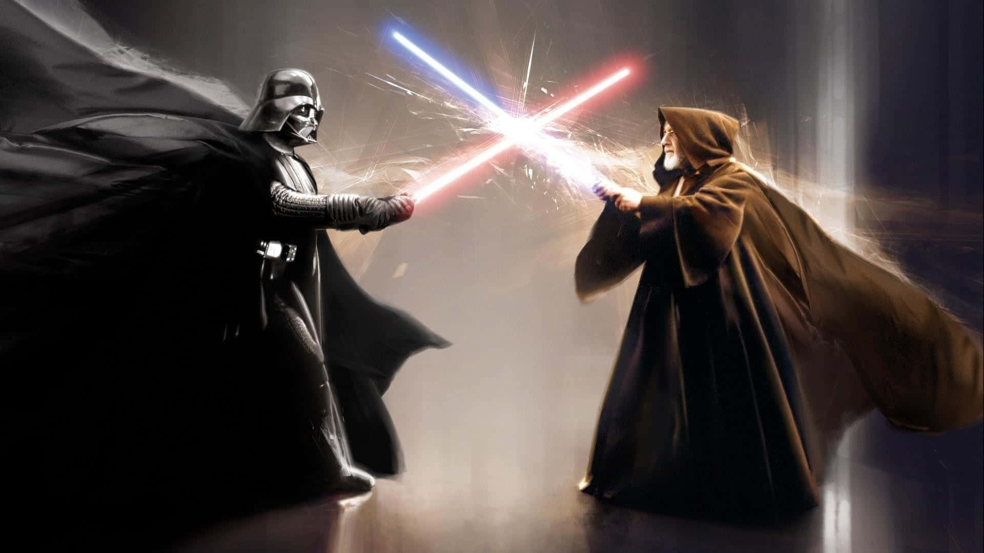 Lightsaber Duels 桌布 壁紙 — 達斯維達和歐比王肯諾比在煙霧瀰漫的電影式戰鬥場景中，以紅色和藍色光劍交鋒，展開一場戲劇性的光劍決鬥。