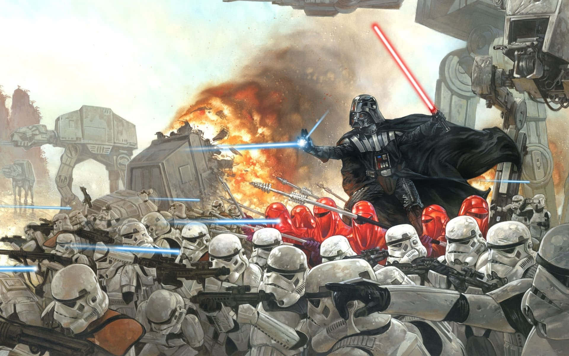 Lightsaber Duels 桌布 壁紙 — 達斯維達在混亂的戰鬥中揮舞紅色光劍，與風暴兵和AT-AT步行機對抗熾熱的爆炸。