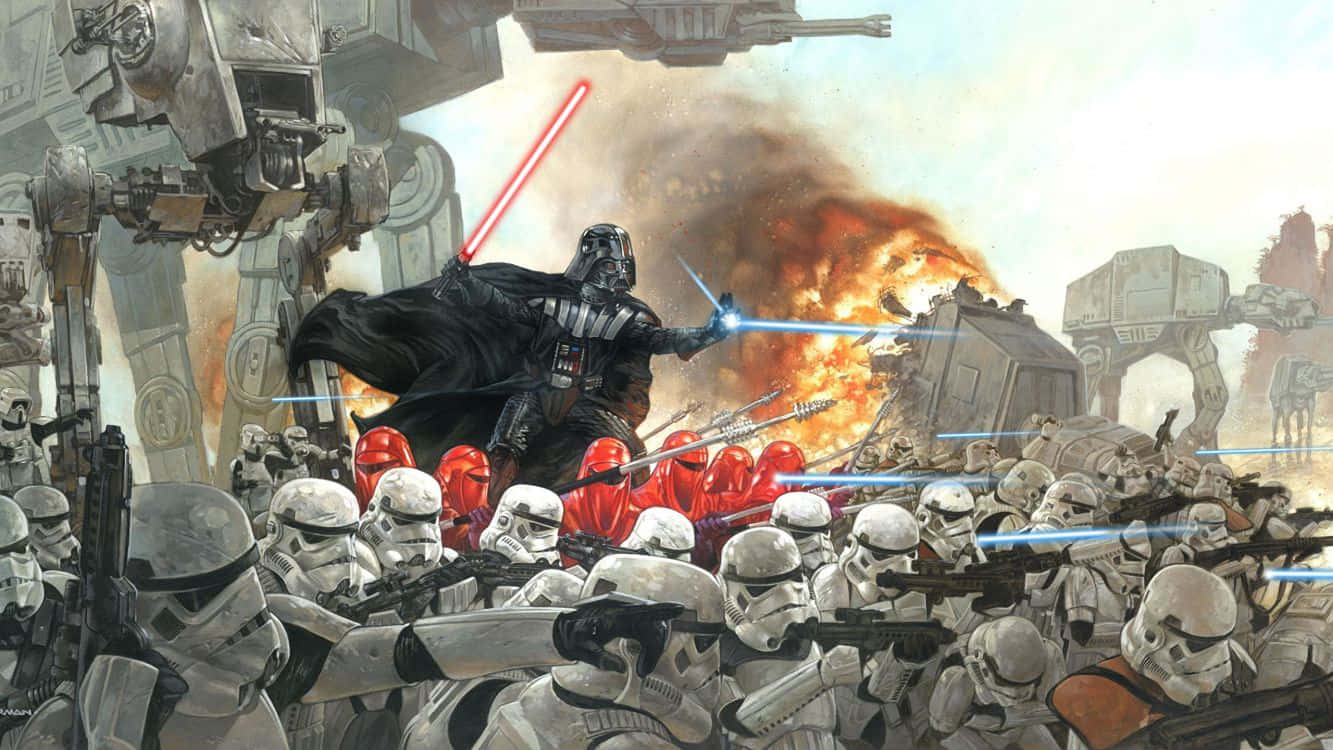 Galactic Empire 桌布 壁紙 — 達斯維達在熾熱的天空下，於一場與風暴兵和AT-AT步行者的混亂戰鬥中揮舞著紅色光劍。