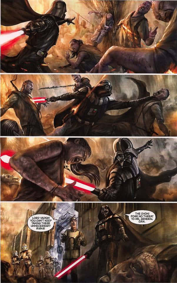 The Great Jedi Purge 桌布 壁紙 — 達斯維達在熾熱的戰鬥場景中，手持紅色光劍，面對叛軍和風暴兵，煙霧瀰漫，場面戲劇化。