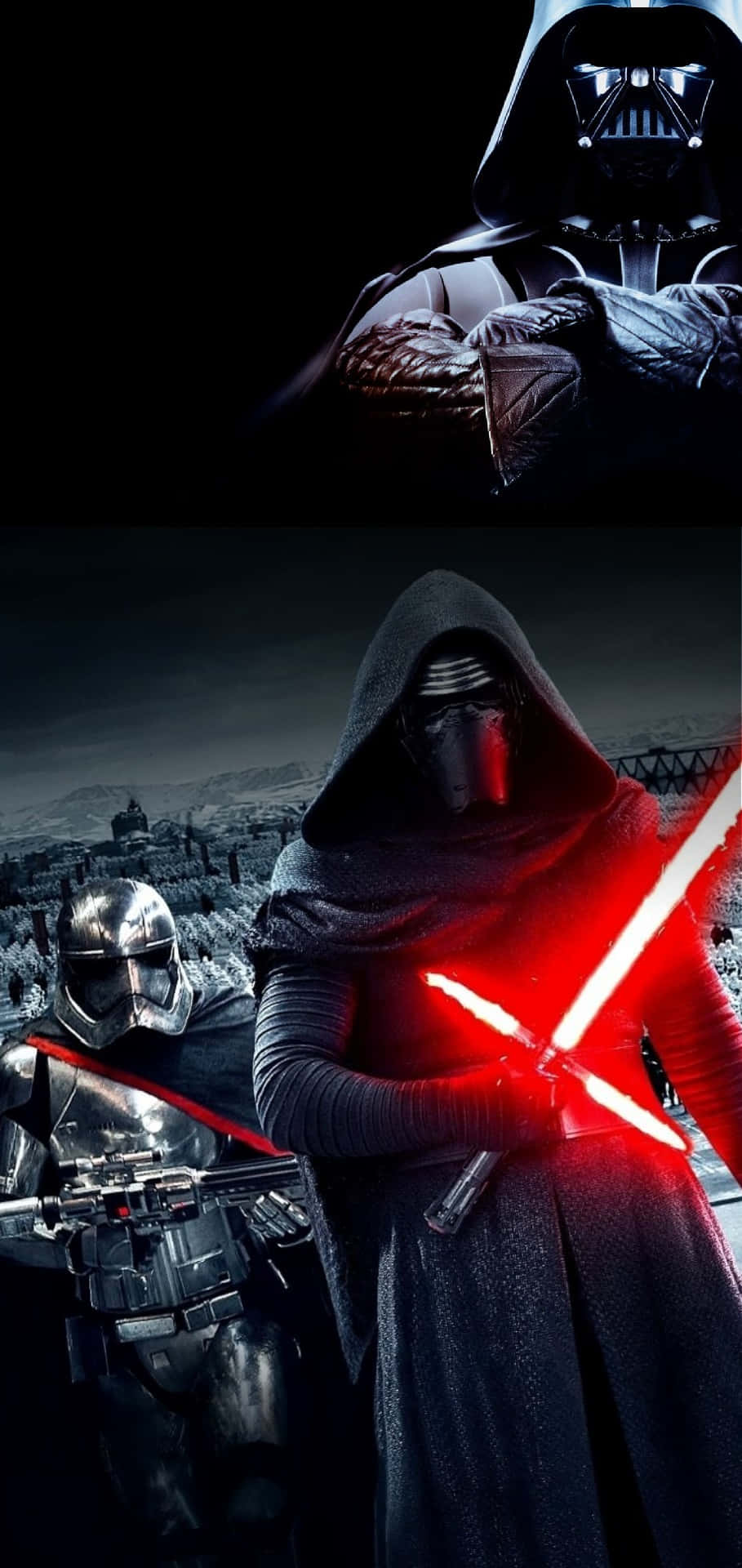 The First Order 桌布 壁紙 — 達斯維達在黑暗中聳立於凱洛·倫和一名風暴兵之上，他們在荒涼的戰場上揮舞紅色光劍。