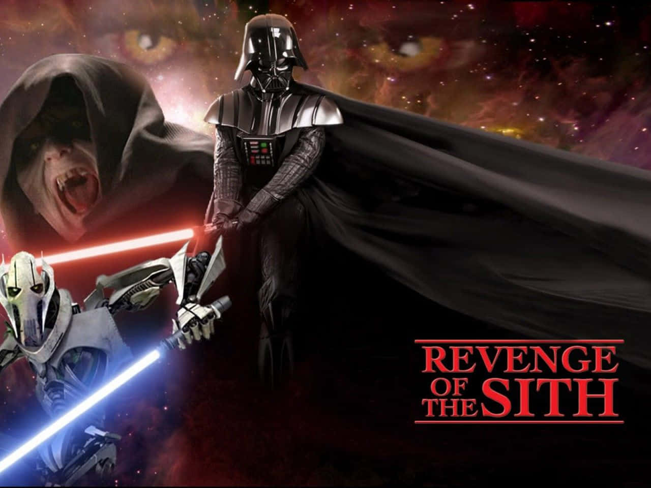 Cool Star Wars 桌布 壁紙 — 達斯維達手持紅色光劍威風凜凜地站立，身後一個戴頭罩的人物在宇宙背景下咆哮。